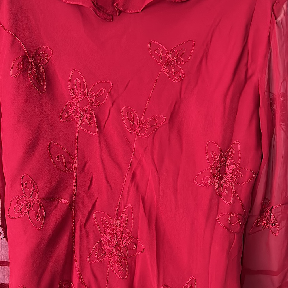 Silkland Gorgeous 💯% Silk Flutter Sleeves Red Sequin Shirt Top **Size L** 🔥🔥 - Picture 4 of 6